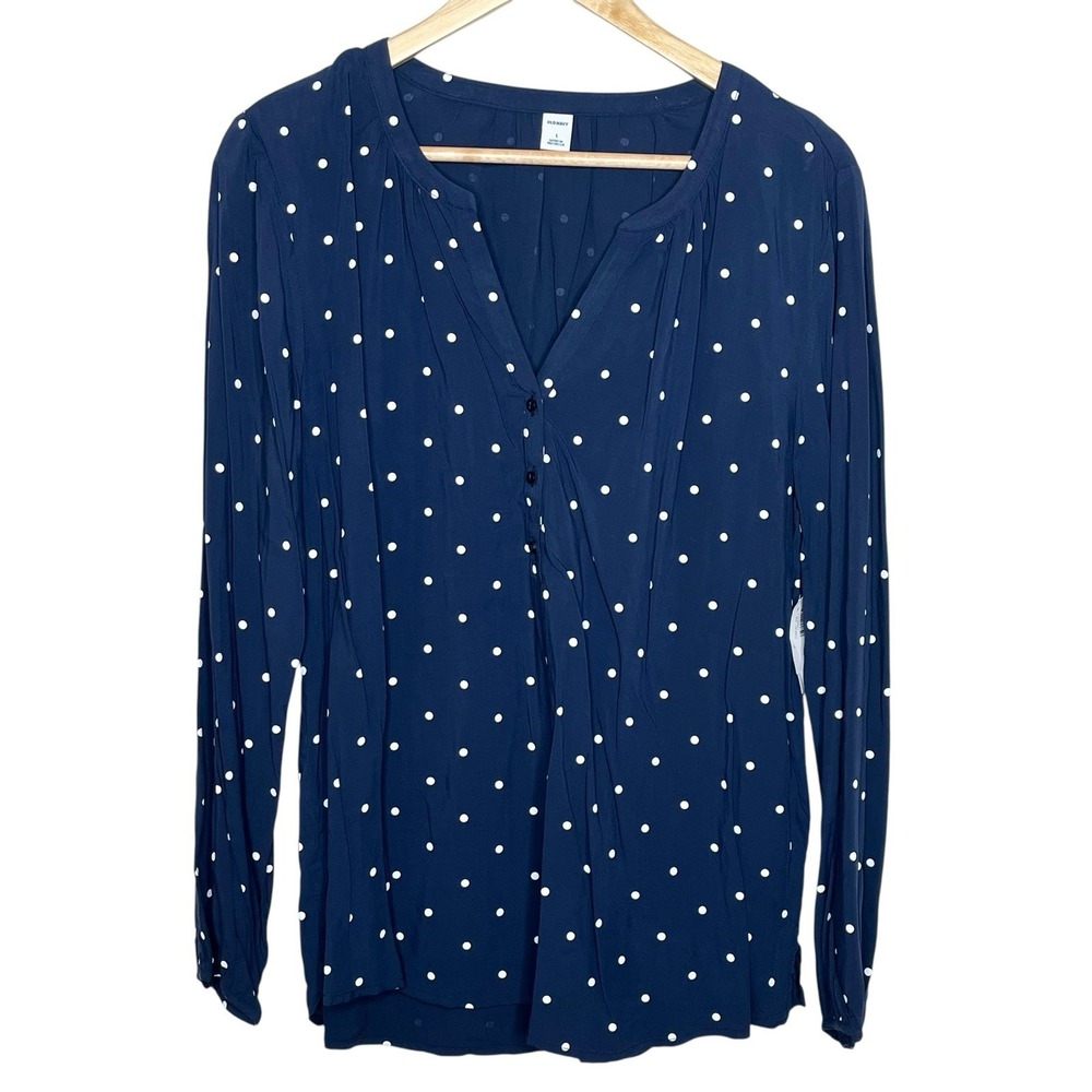 Old Navy Polka Dot Long Sleeve Top Blue Womens Size L Nautical Preppy Blouse